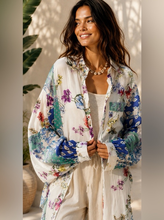 POL Tops - POL Boho Floral Patchwork Button Down Shirt White with Blue & Green Accents